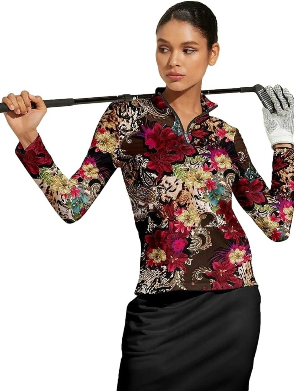 Floral Long-Sleeve Golf Jersey - Burgundy Multi